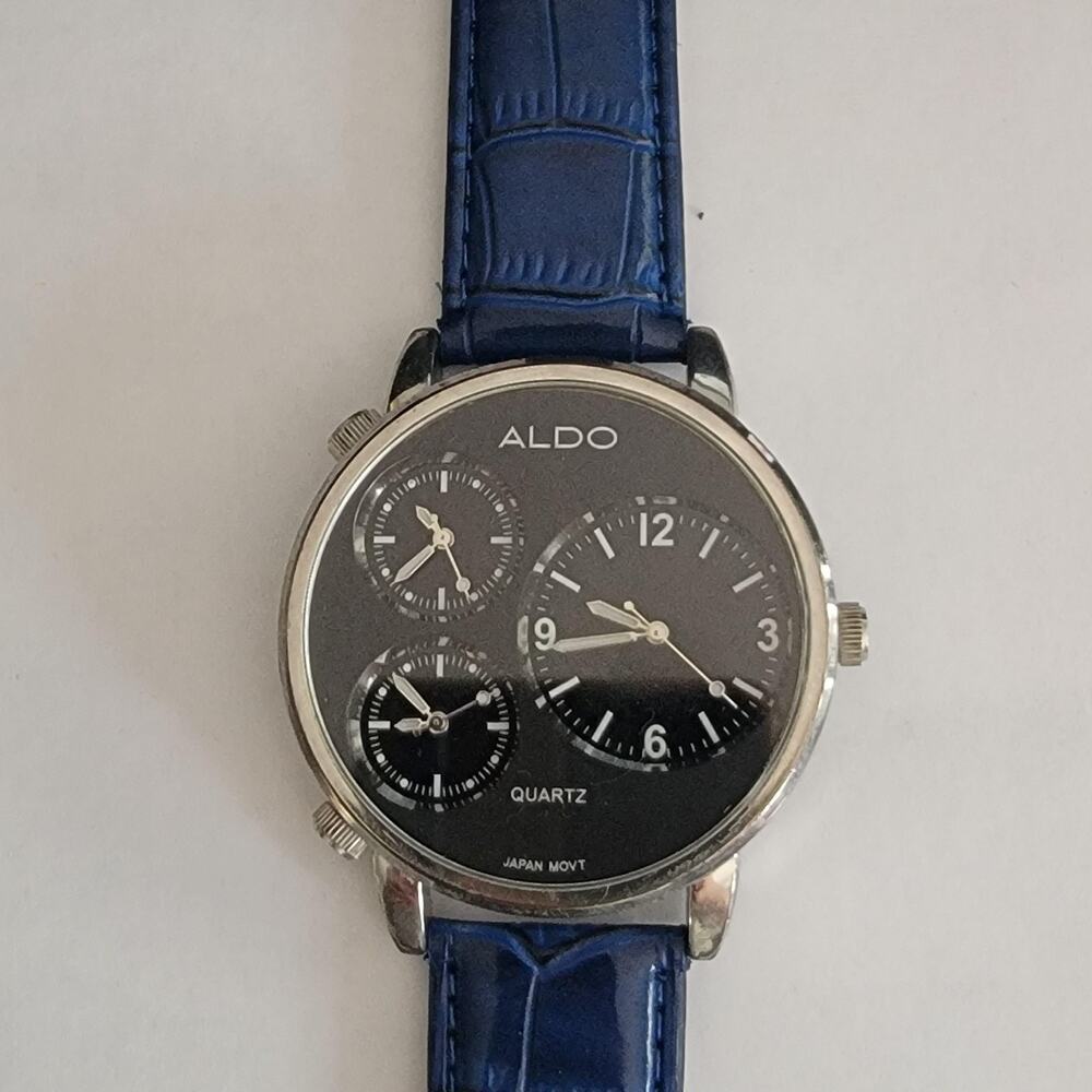 Aldo Mens Watch Black Dial Silver Tone Blue Faux Leather Quartz Japan Movt